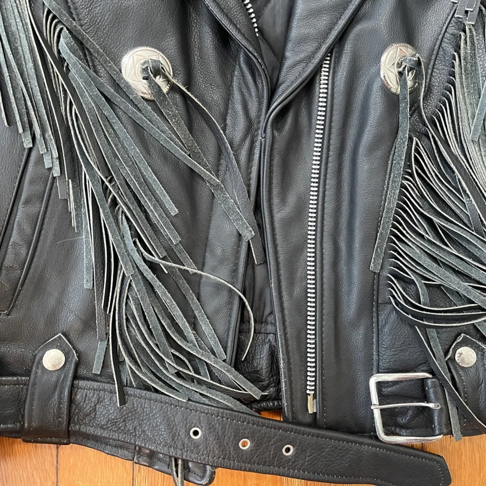 Vintage biker fringe black leather moto jacket - Picture 6 of 16